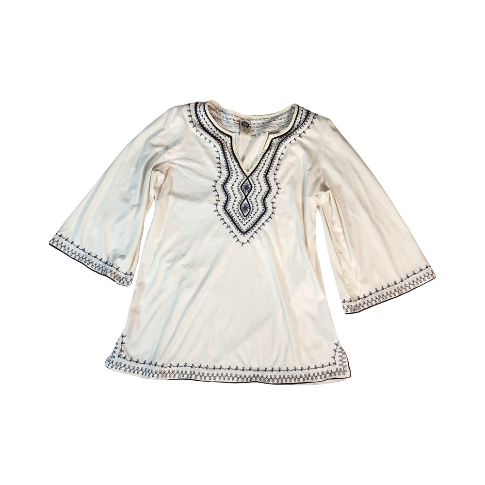 Lucky Brand Womens White Cotton Embroidered Boho Tunic Top Large Navy‎ Blue L